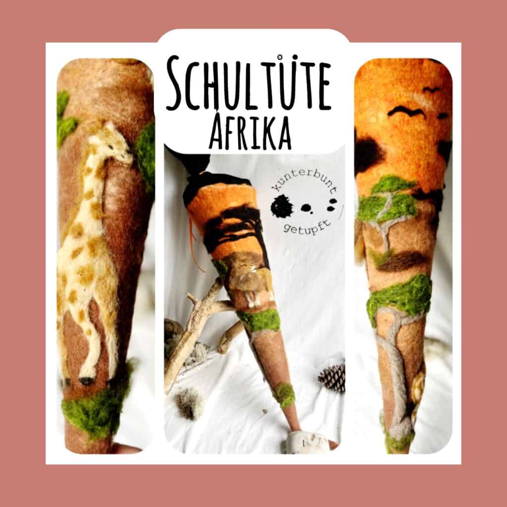 Handgefilzte Afrika-Schultüte aus Filz mit Giraffe, Löwe und Akazienbaum in Erdtönen, drei Ansichten