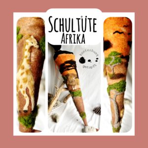 Handgefilzte Afrika-Schultüte aus Filz mit Giraffe, Löwe und Akazienbaum in Erdtönen, drei Ansichten