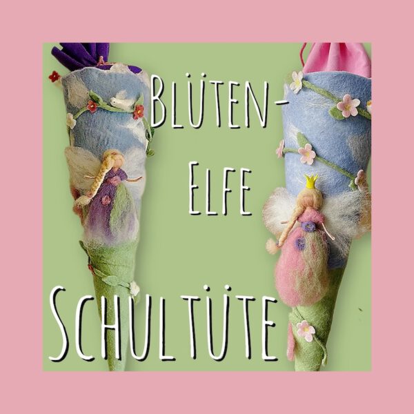 Handgefilzte Elfen-Schultüte aus Filz mit zwei Blütenelfen, Kirschblüten und Zweigen auf hellblauem Filz, zwei Ansichten