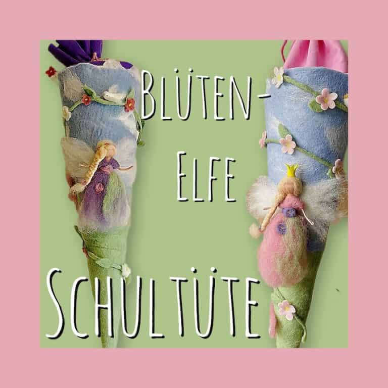 Handgefilzte Elfen-Schultüte aus Filz mit zwei Blütenelfen, Kirschblüten und Zweigen auf hellblauem Filz, zwei Ansichten