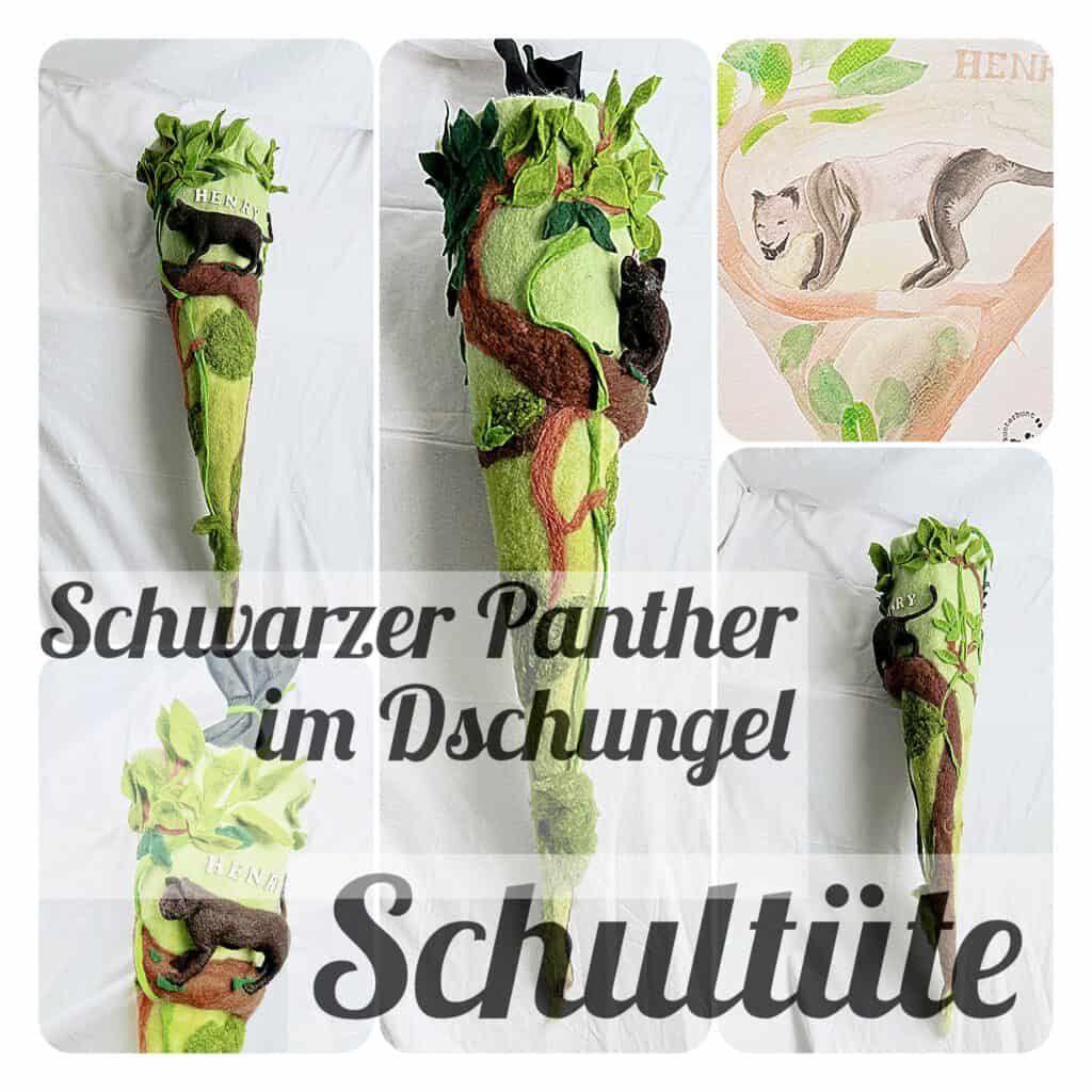 Erzählschultüte schwarzer Panther klettert aus einen Ast in Dschungel als Pilz auf einer gefilzten Schultüte