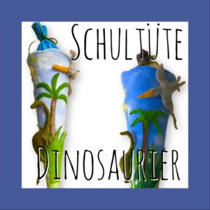 Handgefilzte Dinosaurier-Schultüte aus Wolle mit Brachiosaurus, Pterodaktylus und Urzeit-Palmen in Grün und Hellblau, Vorder- und Rückansicht