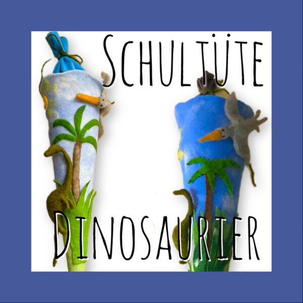 Handgefilzte Dinosaurier-Schultüte aus Wolle mit Brachiosaurus, Pterodaktylus und Urzeit-Palmen in Grün und Hellblau, Vorder- und Rückansicht