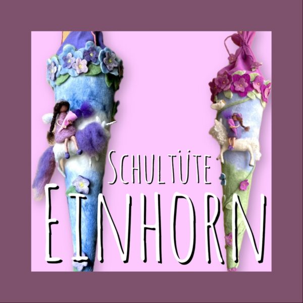 Handgefilzte Einhorn-Schultüte aus Filz mit weißem Einhorn, reitendem Mädchen und Blütenkranz, zwei Farbvarianten in Blau-Lila und Rosa-Lila