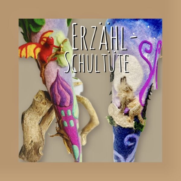 Individuelle Erzählschultüten aus Filz mit Drachen, Schloss und Wolf im Mondschein – handgefertigte Schultüten zur Einschulung