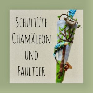 Handgefilzte Faultier-Schultüte aus Filz mit Faultier, Chamäleon und Eichhörnchen an Ast mit grünen Blättern, Regenwald-Motiv