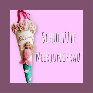 Meerjungfrau-Schultüte aus Filz handgemacht in hellen pastellfarben mit rosa und Petrol und einem blumenkranz als Abschluss. produktforto auf rosa Hintergrund.