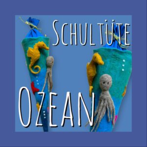 Handgefilzte Ozean-Schultüte aus Wolle mit Seepferdchen, Oktopus und Meerestieren in Türkis und Blau, Vorder- und Rückansicht