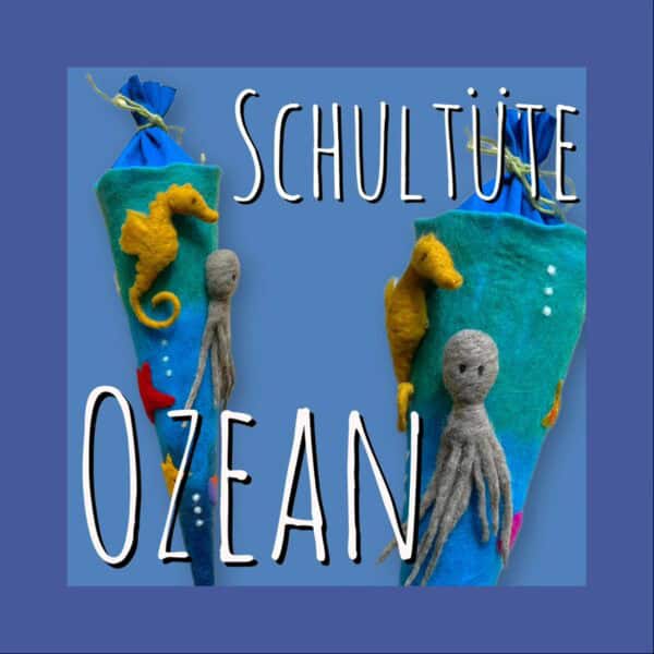 Handgefilzte Ozean-Schultüte aus Wolle mit Seepferdchen, Oktopus und Meerestieren in Türkis und Blau, Vorder- und Rückansicht