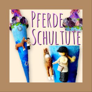 Pferde-Schultüte aus Filz mit einem Kind und einem Pferd als Filzfiguren und einem blumenkranz als Abschluss. die Schultüte ist in frischen Blautönen gehalten und hat einen fließenden Farbverlauf von dunkel unten zu hell oben