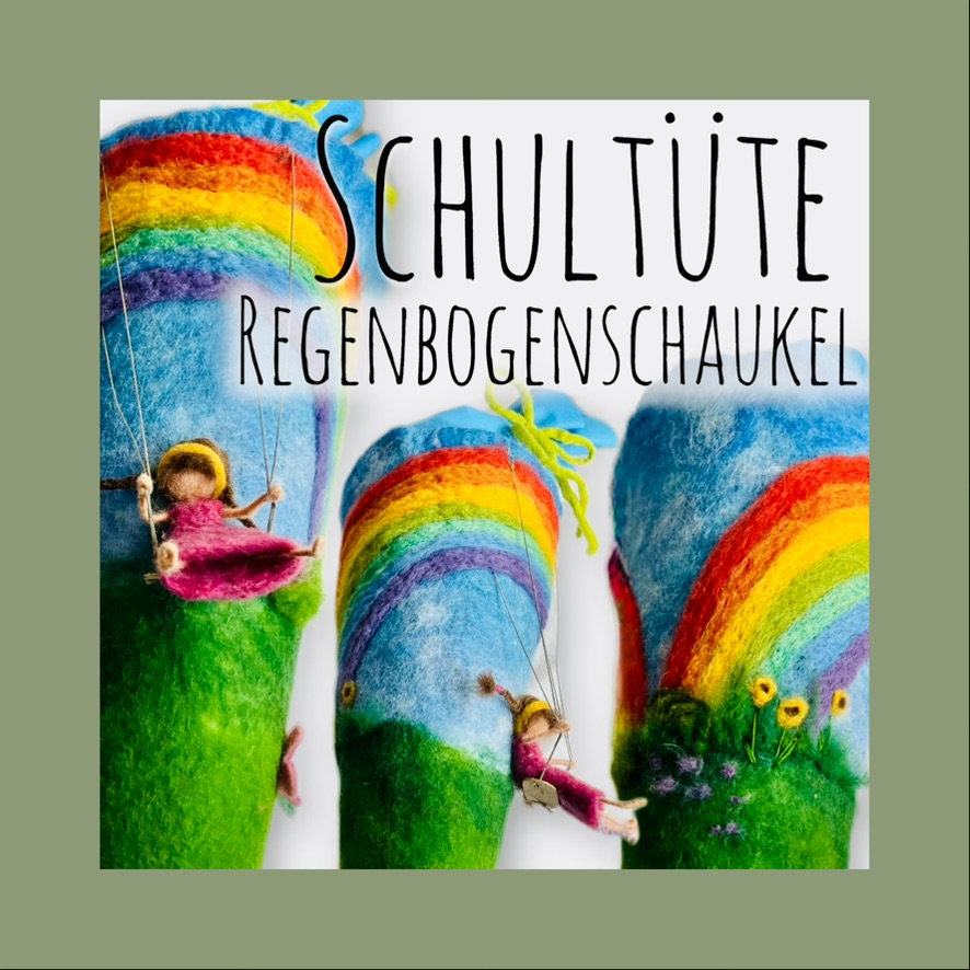Handgefilzte Regenbogen-Schultüte Schaukel aus Filz mit Mädchen auf Schaukel, Regenbogen und grüner Blumenwiese, drei Ansichten
