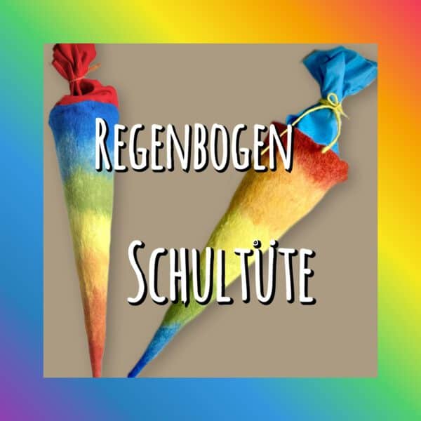 handgefilzte Regenbogen-Schultüte aus Filz mit weichem Farbverlauf in Rot, Orange, Gelb, Grün und Blau – nahtlos nassgefilzt, handmade in Bremen und Kassel