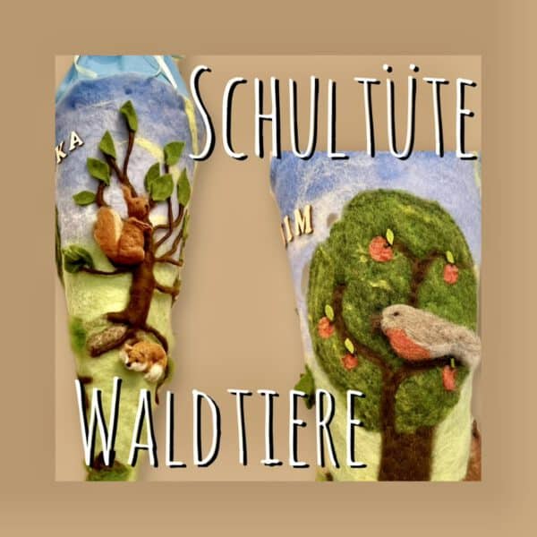 Handgefilzte Wald-Schultüte aus Filz mit Eichhörnchen, Fuchs und Rotkehlchen auf Apfelbaum, zwei Ansichten personalisiert mit Namen in Holzbuchstaben