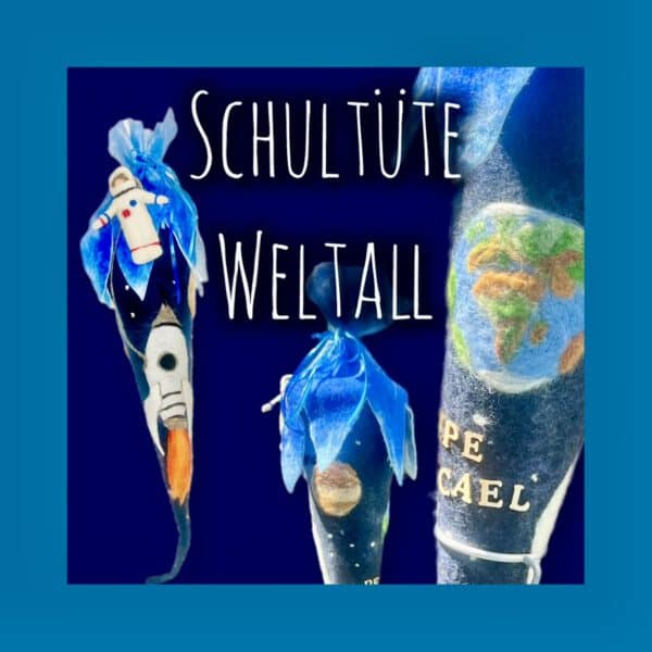 Handgefilzte Weltraum-Schultüte aus Filz mit Rakete, Astronaut und Erde aus dem All, personalisiert mit Namen, drei Ansichten