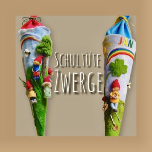 Handgefilzte Zwerge-Schultüte aus Filz mit mehreren Zwergenfiguren, Regenbogen, Kleeblatt und bunten Namenslettern, zwei Ansichten