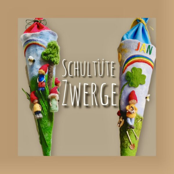 Handgefilzte Zwerge-Schultüte aus Filz mit mehreren Zwergenfiguren, Regenbogen, Kleeblatt und bunten Namenslettern, zwei Ansichten