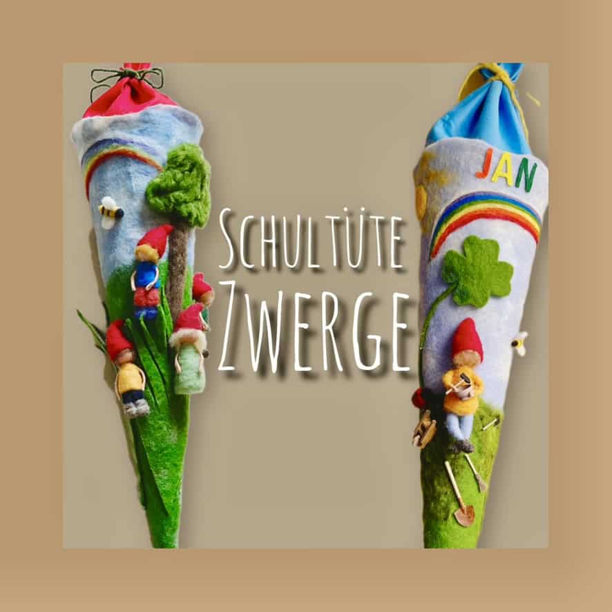 Handgefilzte Zwerge-Schultüte aus Filz mit mehreren Zwergenfiguren, Regenbogen, Kleeblatt und bunten Namenslettern, zwei Ansichten