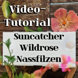 Titelbild für ein VVideo-Tutorial: Suncatcher Wildrose nassfilzen Der Suncatcher hängt vor einer hölzernen Wand . die Rose ist zartrosa mit gelben Staubgefäßen und auf einem weißen Schild steht: Suncatcher Wildrose nassfilzen. Das bild ist in warmer sonniger Stimmung gehalten.