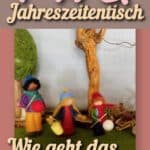 FAQ Jahreszeitentisch – Wie geht das ‚richtig’?” Handgefilzte Jahreszeitentisch-Szene mit drei Laternenkindern mit ihren Laternen auf Stäben, vor einem Baum mit geschnitztem Gesicht, umgeben von grünem Filzrasen, einem gefilzten Baum und einem kleinen braunen Rotkehlchen in einer Schubkarre. Logo „kunterbuntgetupft” unten rechts.