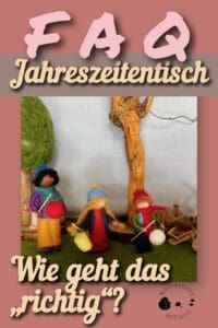 FAQ Jahreszeitentisch – Wie geht das ‚richtig’?” Handgefilzte Jahreszeitentisch-Szene mit drei Laternenkindern mit ihren Laternen auf Stäben, vor einem Baum mit geschnitztem Gesicht, umgeben von grünem Filzrasen, einem gefilzten Baum und einem kleinen braunen Rotkehlchen in einer Schubkarre. Logo „kunterbuntgetupft” unten rechts.